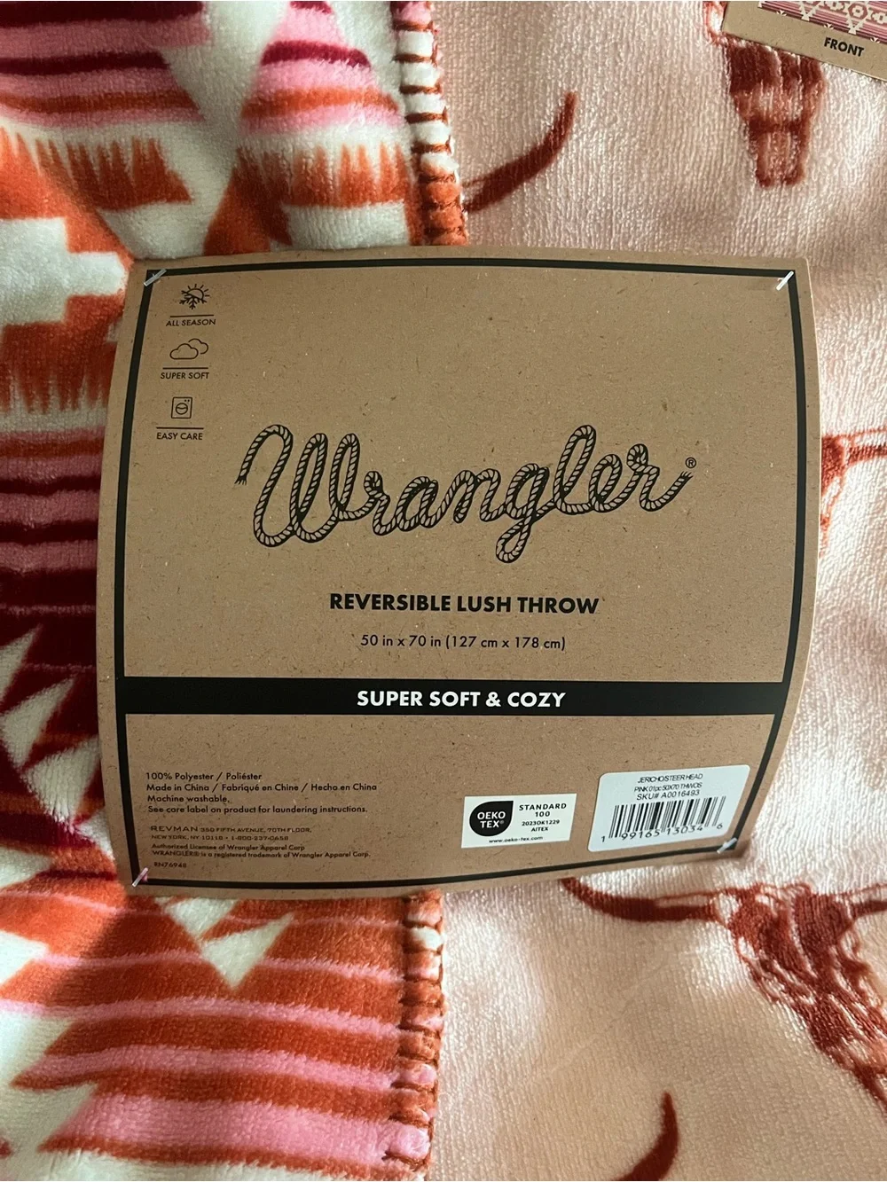 Wrangler Reversible Plush Throw Blanket - Pink & Rust